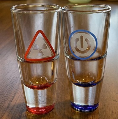 2 (Two) Heavy Base Tall Shot Glasses (Hazard Sybol/Power On, Barware, Drinkware)