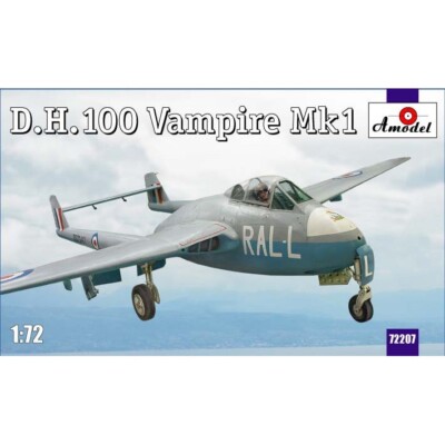 Plastic model airplane kit 1:72 D.H.100 Vampire Mk1 RAF jet fighter Amodel 72207