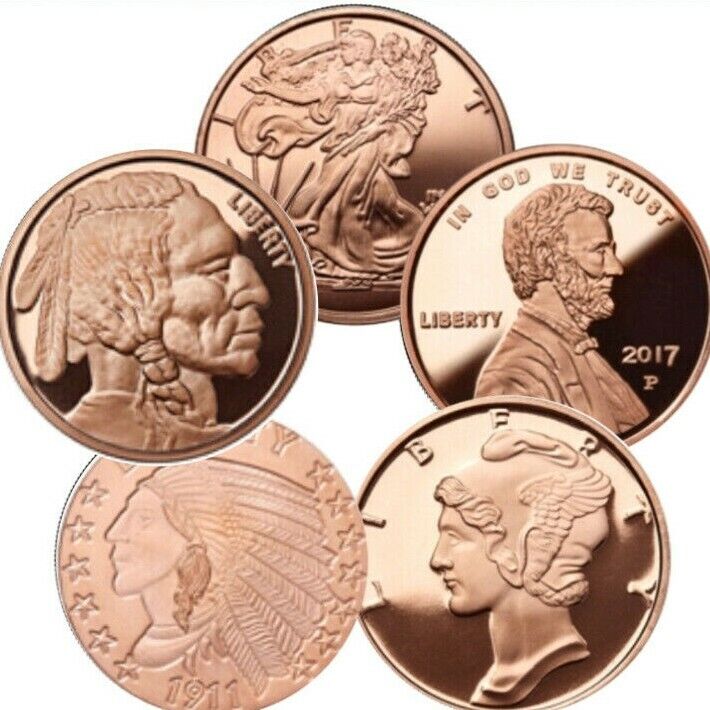 Lot of 5 – 1 oz Copper Rounds 5 Different Design Starter Pack