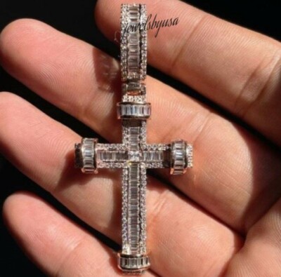 Pre-owned Nsg Balck Friday Men's 0.82ct Vvs Baguette Moissanite Cross Charm Pendant 925 Silver In White