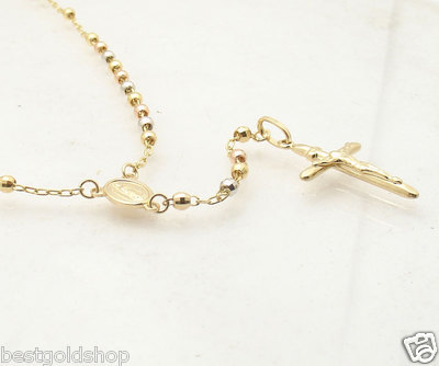 Pre-owned Bestgoldshop 17" 3mm Rosary Chain Medallion Cross Crucifix Necklace Real 10k Tri-color Gold