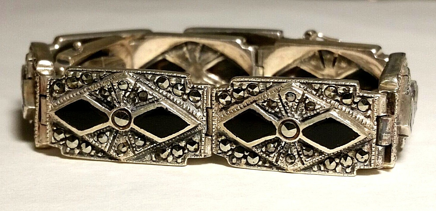 Vintage 925 Sterling Silver w/ Marcasite & Onyx Rectangle