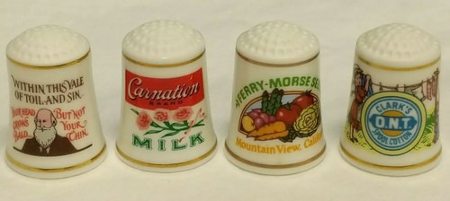 LOT OF 21 DIFFERENT COLLECTIBLE PORCELAIN SEWING THIMBLES W/ VINTAGE ADVERTISING
