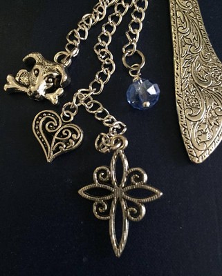 Dog Memorial Tibetan Silver Bookmark Cross, Heart, Dog Charms & Swarovski Bead
