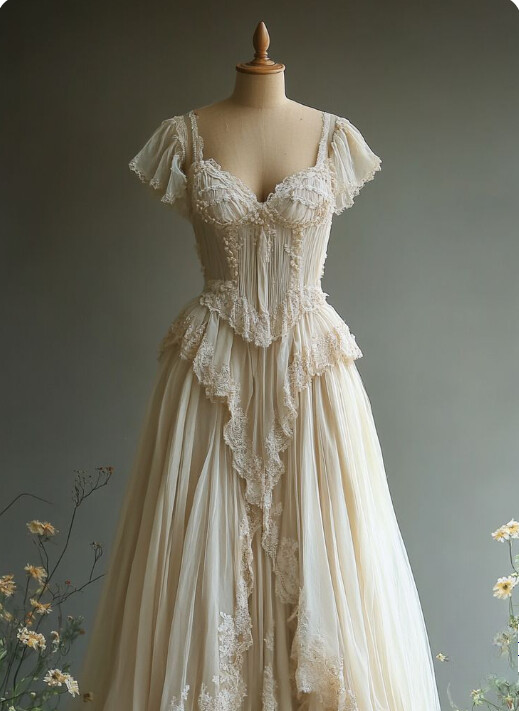 フランスアンティーク　ドレス Light Champagne Medieval Vintage Lace A-line Prom Dresses