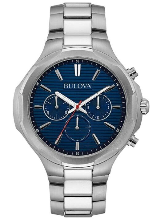 Мужские кварцевые часы Bulova с хронографом серебристого цвета с синим циферблатом 46 мм 96A200