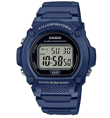 Casio W219H-2AV, часы с хронографом, ремешок из синей смолы, будильник, подсветка