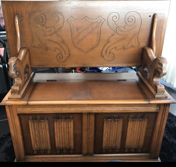 Carved Ornate Wooden Antique Dark Oak Monks Bench In Bangor