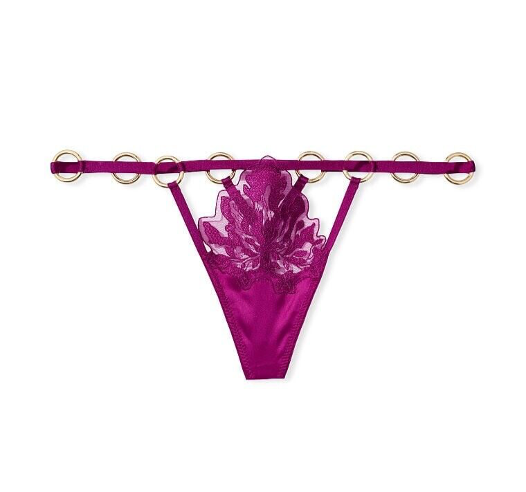 Victorias Secret Panty Thong Leaf Embroidery Strappy V-String Ring Fuchsia XL