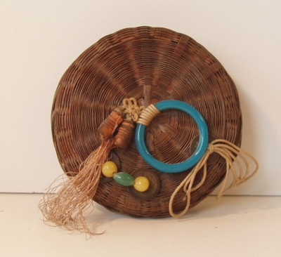 Vintage Small Woven Reed Sewing Basket w/ Lid, Coins, Glass Beads and Ring, #18