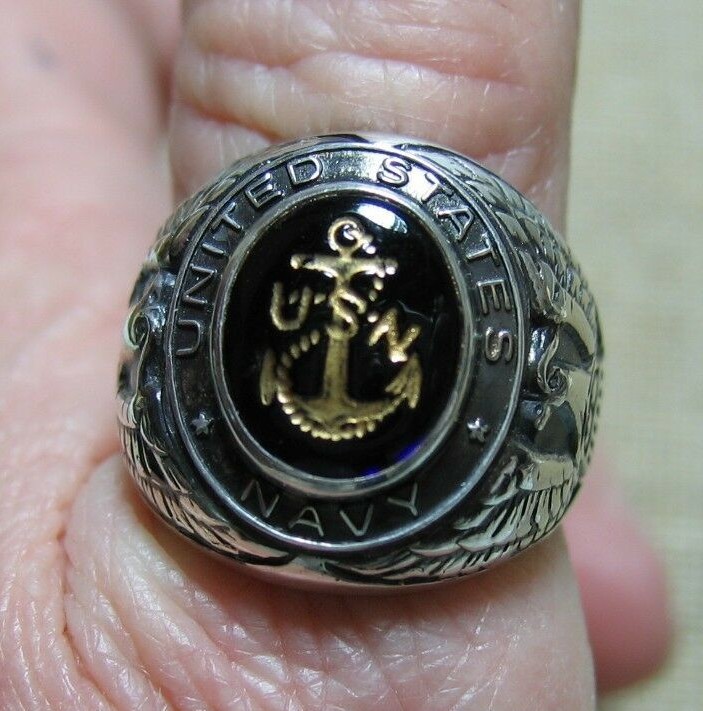 Vintage WW11 Sterling United States Navy Ring w/Carved Darkest Blue Stone SZ 10