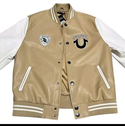 True Religion Varsity PU Jacket Men Two Tone Beige/White