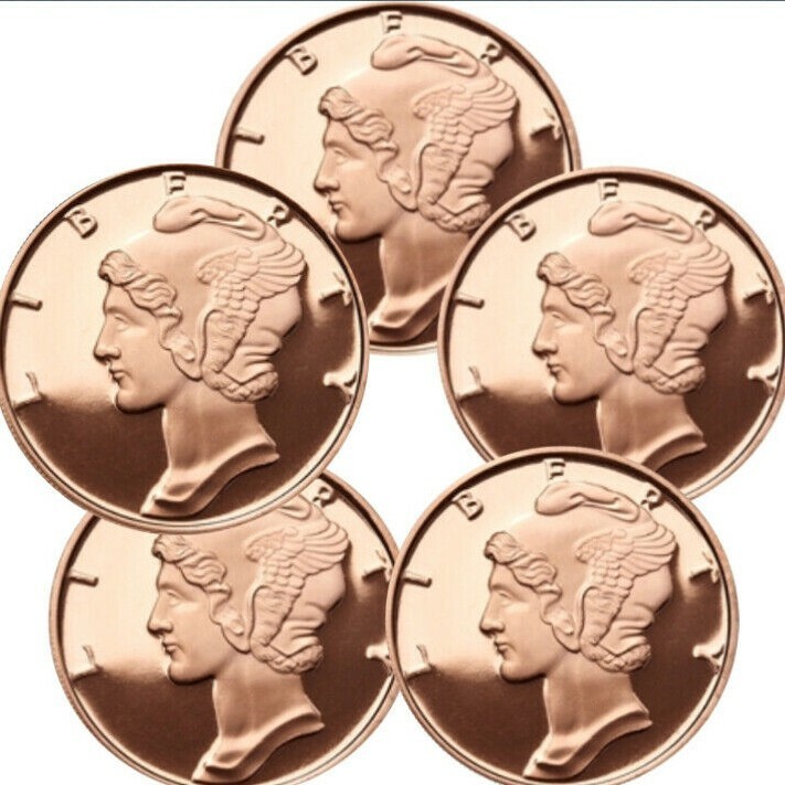 Lot of 5 – 1 oz Copper Rounds Mercury Dime