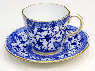 LOVELY! ROYAL CROWN DERBY Antique PEMBROKE Blue DEMITASSE CUP & SAUCER / 1914