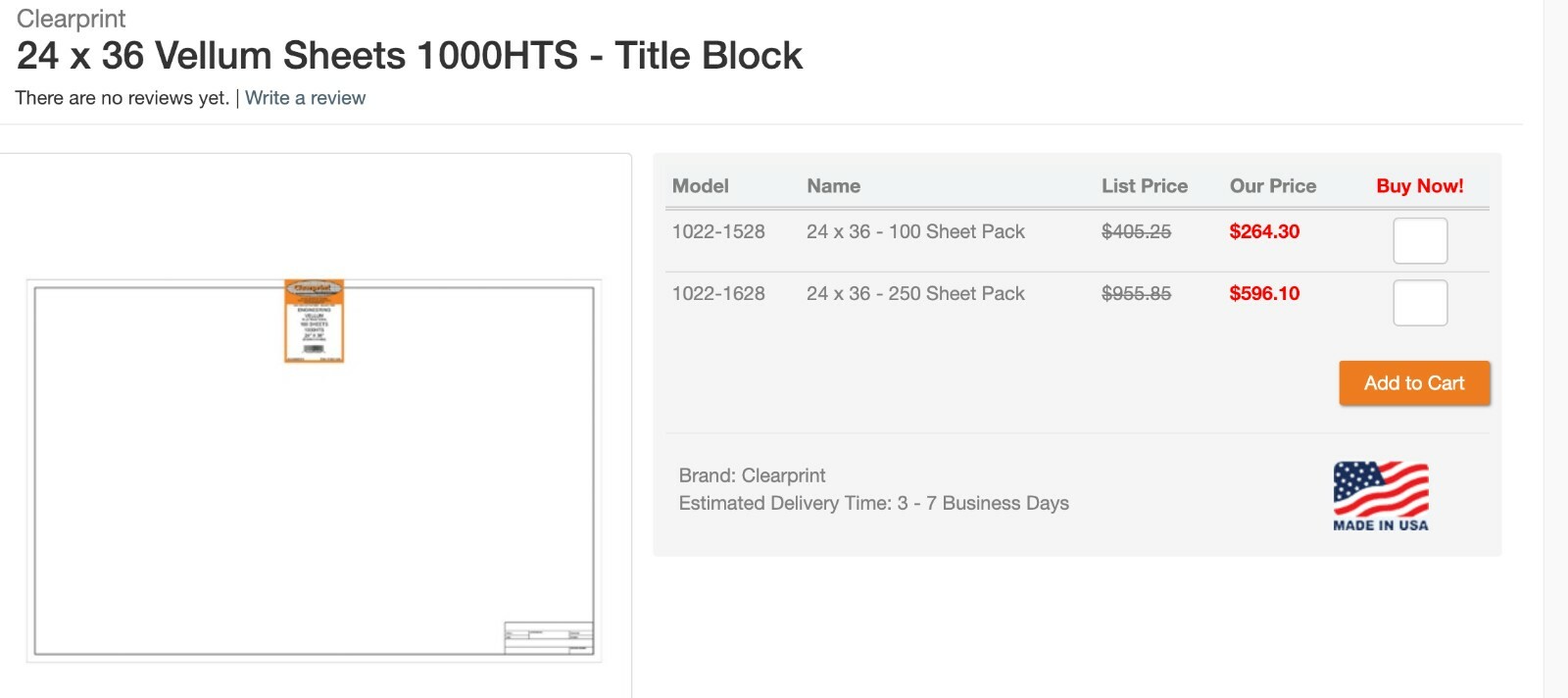 24 x 36 Vellum Sheets 1000HTS - Title Block 100 Sheet Pack BRAND NEW NEGOTIABLE