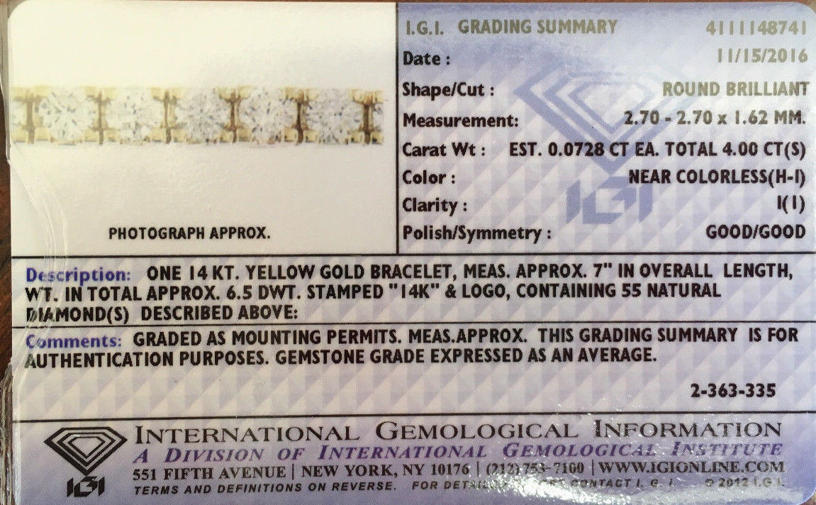 IGI Certified 14k Gold 4Carat Natural Diamond Tennis Bracelet Anniversary