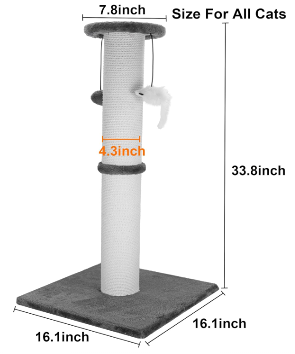 34" Heavy Duty Cat Scratching Post with Sisal Rope, Hanging Ball & Mice (Grey)