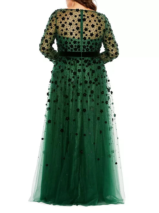 Pre-owned Mac Duggal Emerald Green Velvet Flower Applique Tulle Gown Size 20w $598