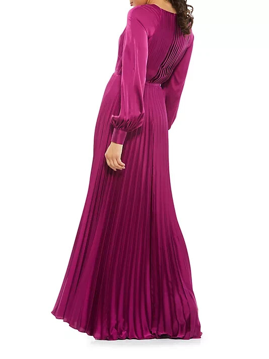 Pre-owned Mac Duggal Ieena  Berry Pleated Long Sleeve Satin A-line Gown Size 12 $458 In Red