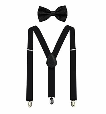 All Black Bow Tie & Suspender Set Tuxedo Wedding Suit Formal Men's Accessories 