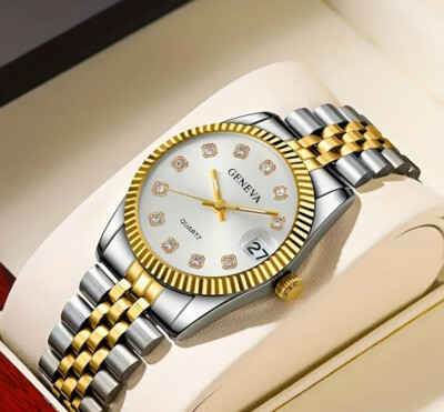 Geneva Ladies Rhinestone Silver Dial Watch Two-Tone Gold/Silver Bracelet W/ Date