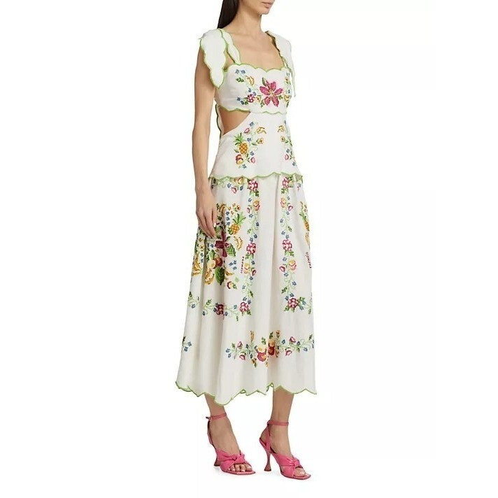 Pre-owned Farm Rio Maxi Dress Xl Tropical Romance Needlepoint Cut-out Linen White Floral