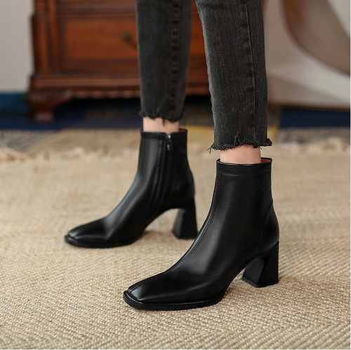 靴 leather side zip square toe heel boots Women French Square Toe Block Heel Side Zipper Ankle Boots