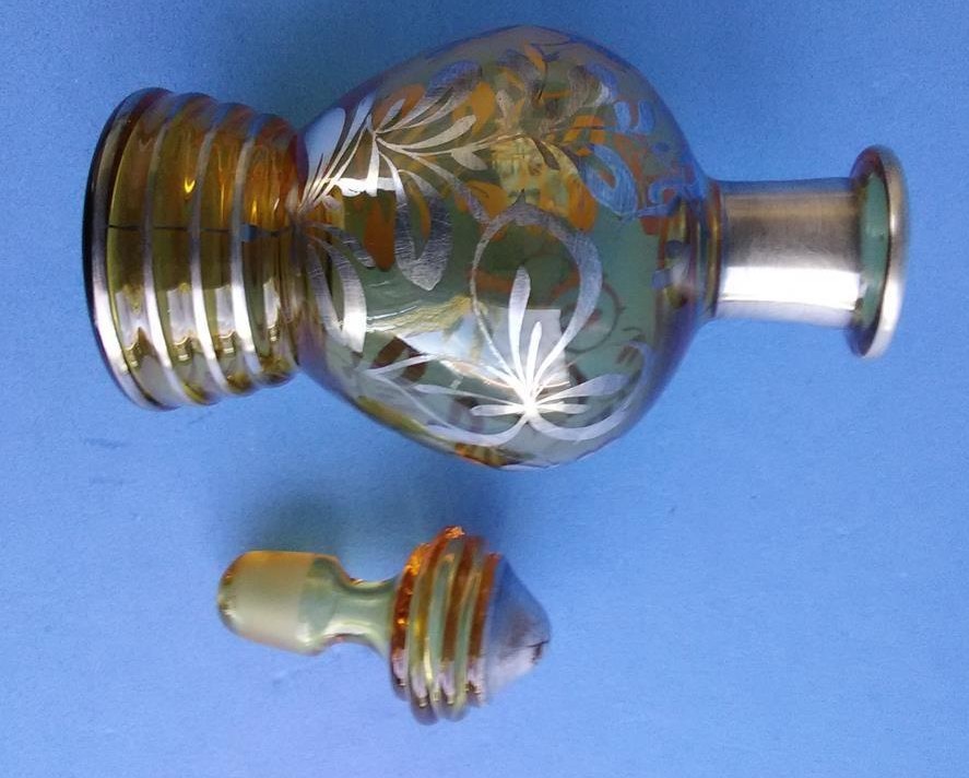 AMBER GLASS DECANTER SILVER OVERLAY 8 3/4