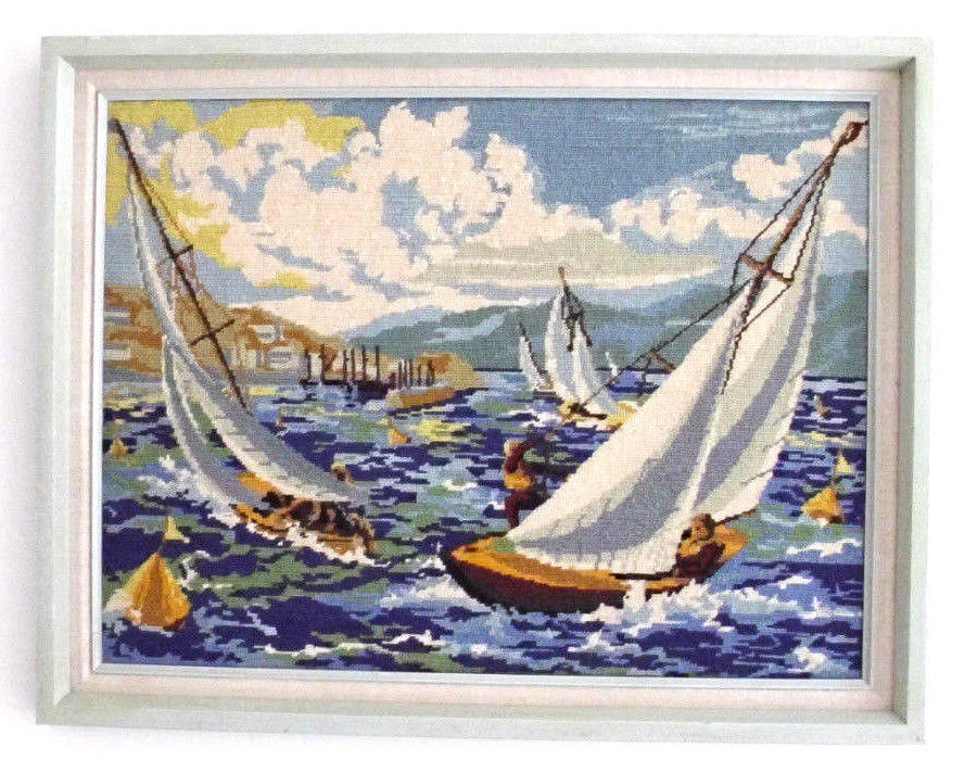 Sailboat Needlepoint Framed Artwork Handmade Vintage 1960s 1970s Seascape Boats