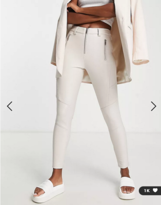 Off White Faux Leather Pants in Slim Fit