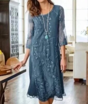 NWOT Soft Surroundings Starling 100% Silk Dress Women s L Boho Floral Embroidere