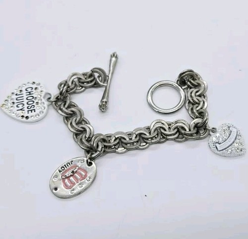 Juicy Couture Charm Bracelet Silver Tone Crystal Dangle Toggle 7