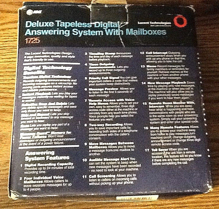 AT&T 1725 Deluxe Digital Tapeless Answering System w/ 4 Mailboxes Time Day Stamp