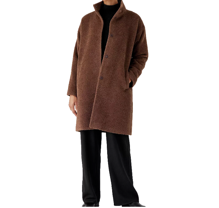 Pre-owned Eileen Fisher $698  Stand Collar Alpaca / Wool Coat Auburn Brown Sz L