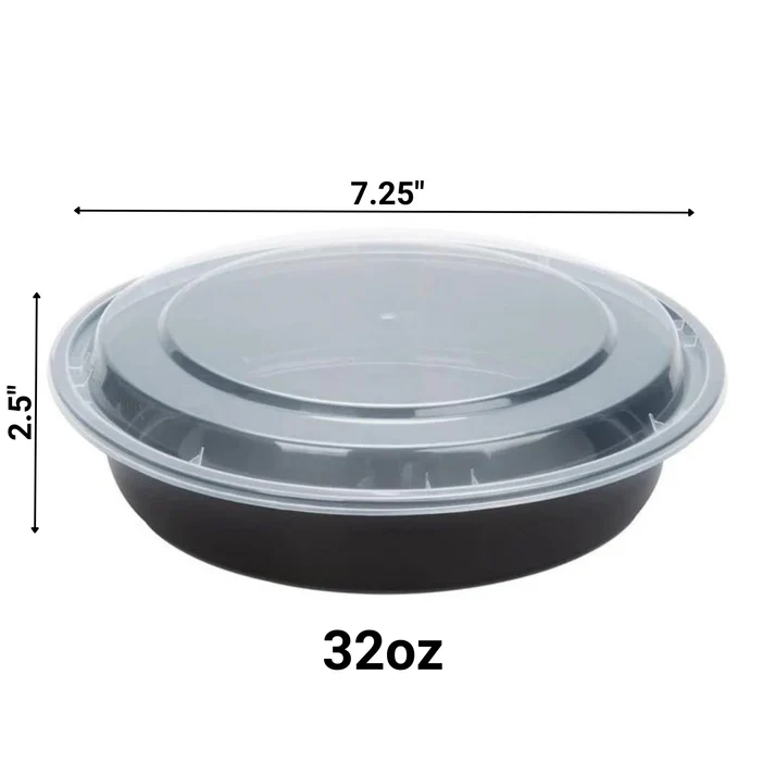 Meal Prep 32 Oz Round Food Containers with Clear Lids 50 Pack Black Microwavable
