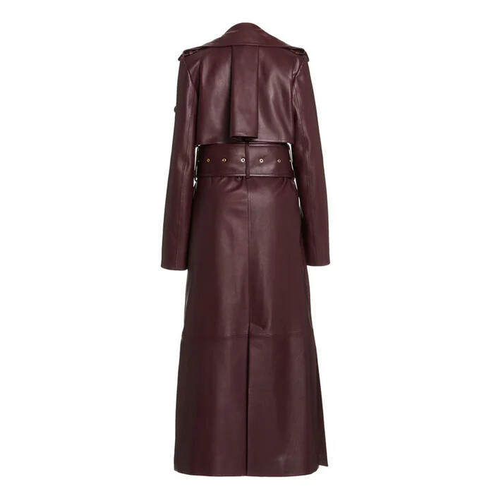 Pre-owned Fashion Women's Burgundy Classic Long Coat 100% Pure Lambskin Leather Formal Wear In Red
