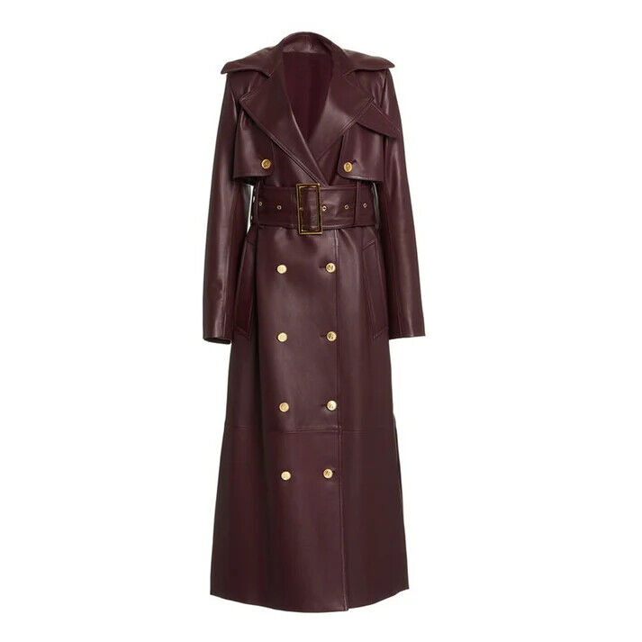 Pre-owned Fashion Women's Burgundy Classic Long Coat 100% Pure Lambskin Leather Formal Wear In Red