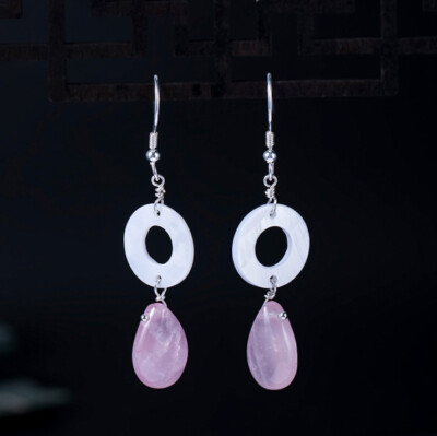 I04 Ohrring Silber 925 Rosenquarz Stein der Liebe und Kreis aus weißer Muschel