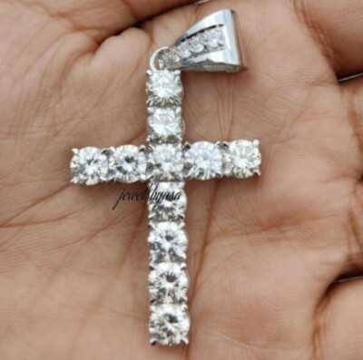 Pre-owned Nsg Tester Passing Moissanite Mens Vintage Cross Charm Pendant Free Chain 925 Silver In White