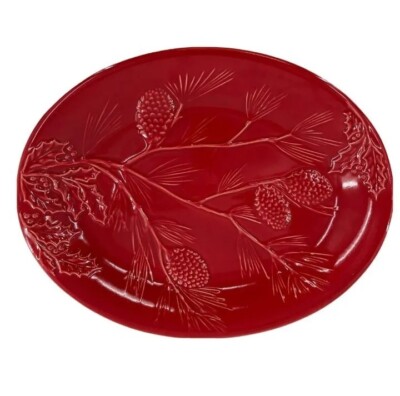 Lenox Christmas Rustic Berry Large Oval Platter Red Pinecones Branches