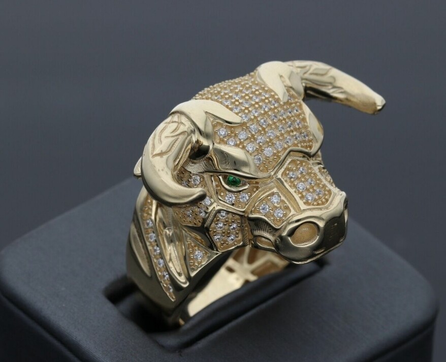 Pre-owned Online0369 1.55 Ct Round Cubic Zirconia Emerald Green Mens Bull Head Ring In 925 Silver In White