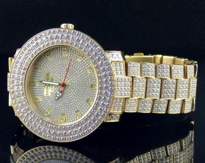 Pre-owned Khronos Yellow Gold Finish Stainless Steel 3 Rows  Simulated Diamond Watch 53mm