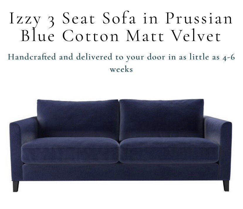 Beautiful 3 Seat Sofa in Prussian Blue Velvet from Sofa dot com in