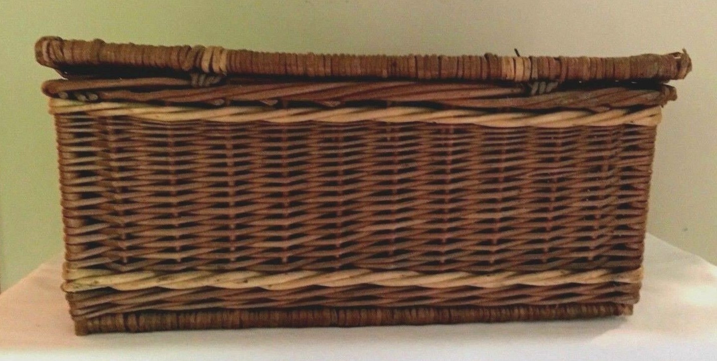 Antique Vintage Wicker Picnic Hamper/ Basket & 2 Leather Strap Closes