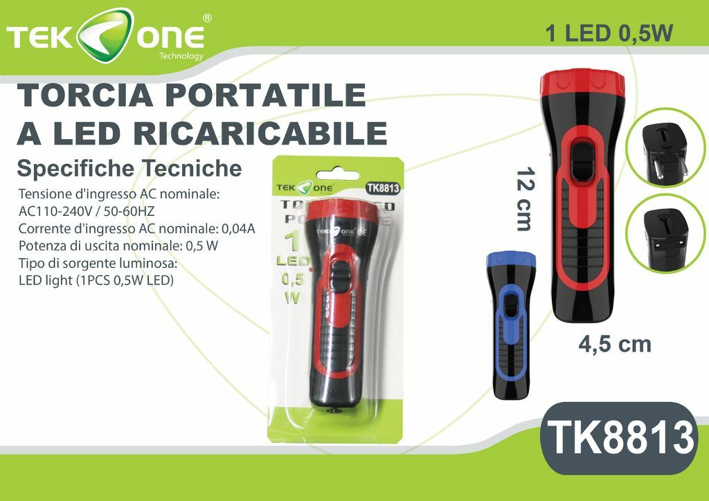 Torcia A Led TeKone TK8813 Ricaricabile Portatile Luce 0.5W hsb