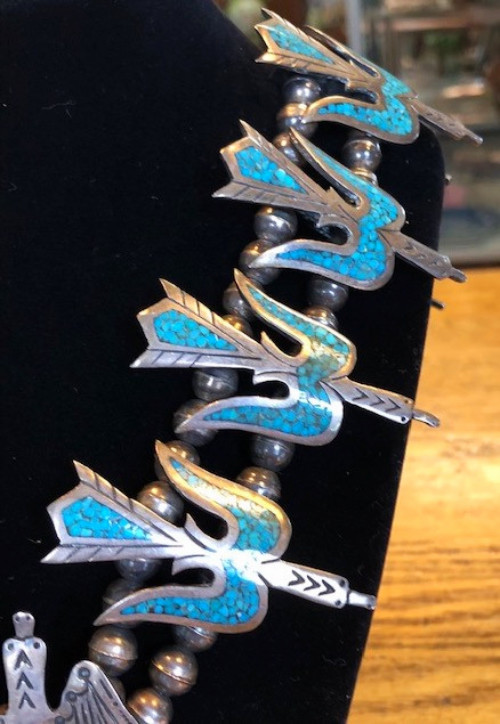 S21 Squash Blossom Necklace, Sterling, Peyote Birds, Turquoise, Coral, Wow!