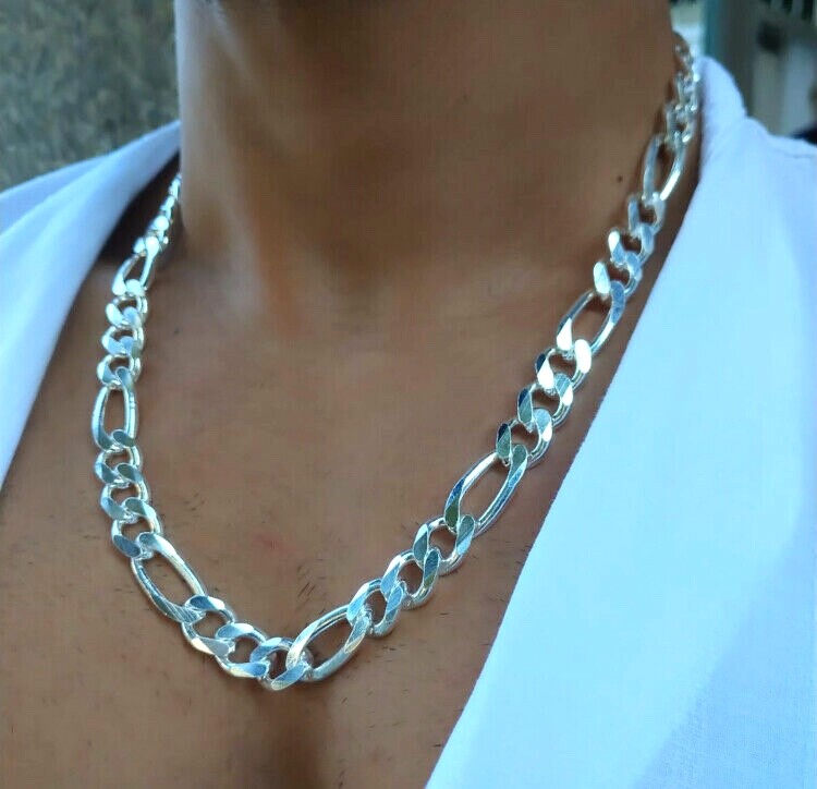 Pre-owned Handmade Mens 925 Sterling Silver Figaro Link Chain Necklace Solid Handcrafted 97gr 24"