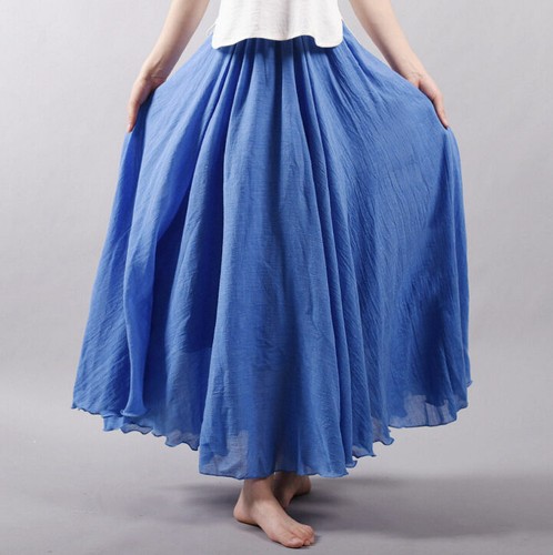 Hot Women Linen Boho Pleated Maxi Long Beach Skirt Casual Cotton Dress Vintage