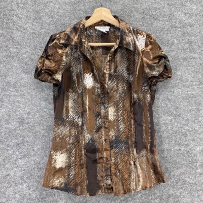 Fred David Shirt Women S Small Brown Stretch Button Up Short Sleeve Collared Top