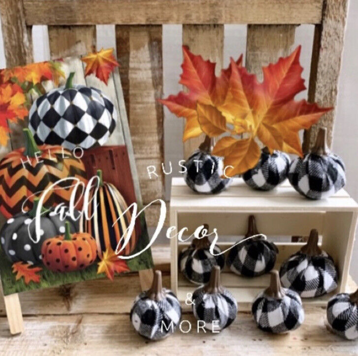 New Set of 5 MINI Fall Buffalo Plaid  Pumpkins Tabletop Decor Vase Filler Crafts